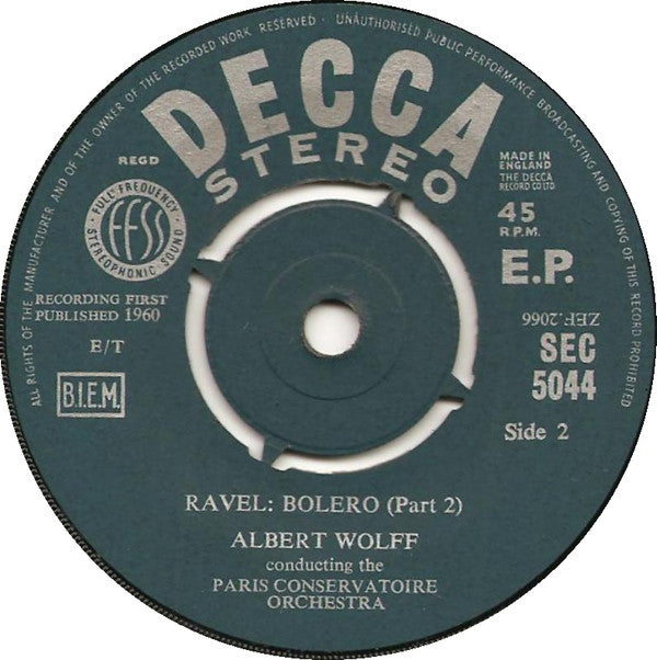 Maurice Ravel, Orchestre De La Société Des Concerts Du Conservatoire, Albert Wolff : Bolero (7", EP)