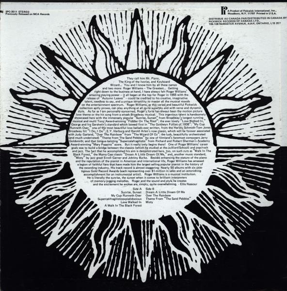 Roger Williams (2) : Sunrise Sunset (LP, Album, RE)