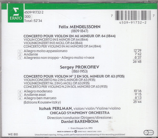 Itzhak Perlman, Daniel Barenboim, Chicago Symphony Orchestra, Mendelssohn* / Prokofiev* : Violin Concerto / Violin Concerto No. 2 (CD)