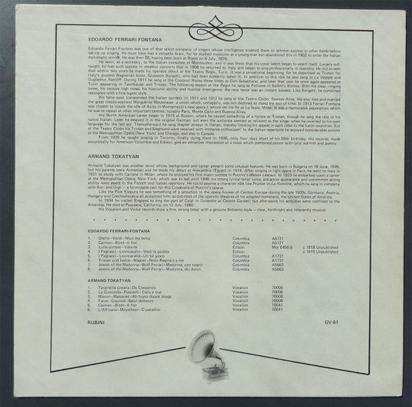 Armand Tokatyan - Edoardo Ferrari-Fontana : Armand Tokatyan - Edoardo Ferrari-Fontana  (LP, Comp, Mono)
