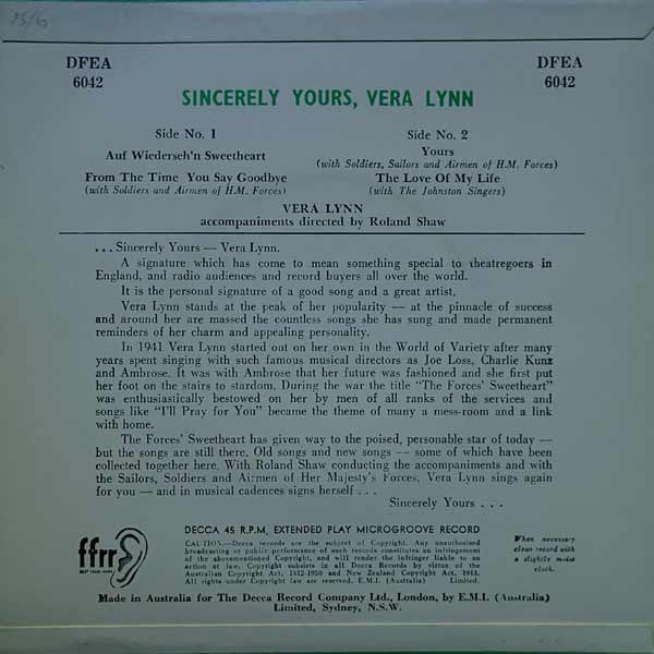 Vera Lynn : Sincerely Yours, Vera Lynn (7", EP)