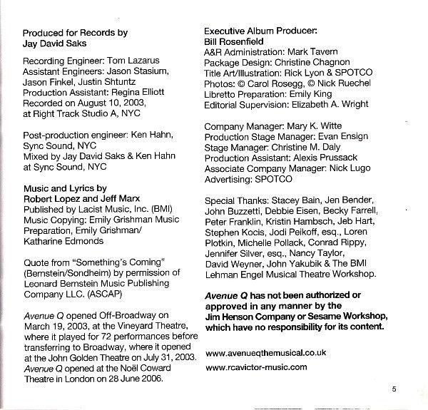 "Avenue Q" Cast : Original Broadway Cast Recording: Avenue Q: The Musical (CD, Album, RE)