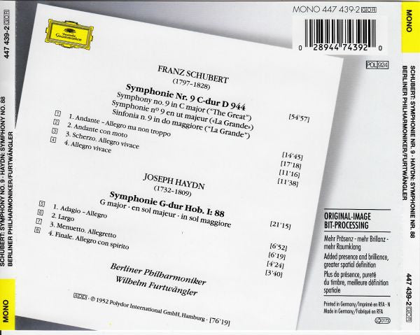 Franz Schubert / Joseph Haydn - Berliner Philharmoniker, Wilhelm Furtwängler : Symphonie No. 9 / Symphonie No. 88 (CD, Album, Mono, RE, RM, Uni)