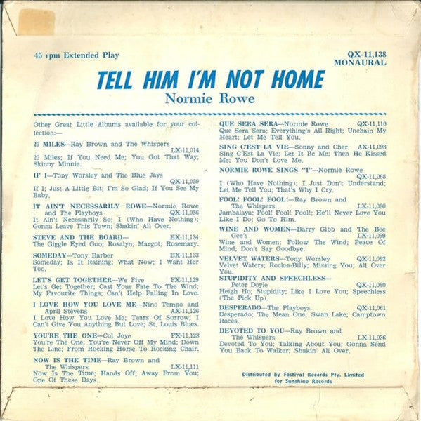 Normie Rowe : Tell Him I'm Not Home (7", EP, Mono)