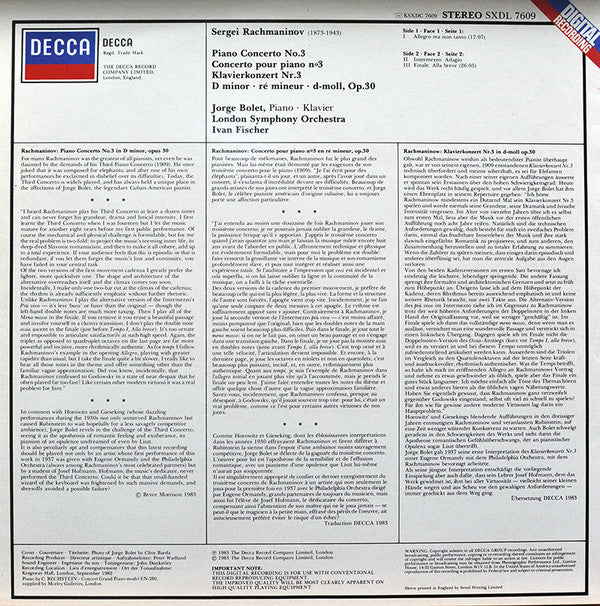 Rachmaninov*, Jorge Bolet, London Symphony Orchestra ∙ Ivan Fischer : Piano Concerto No. 3 = Klavierkonzert Nr. 3 (LP)