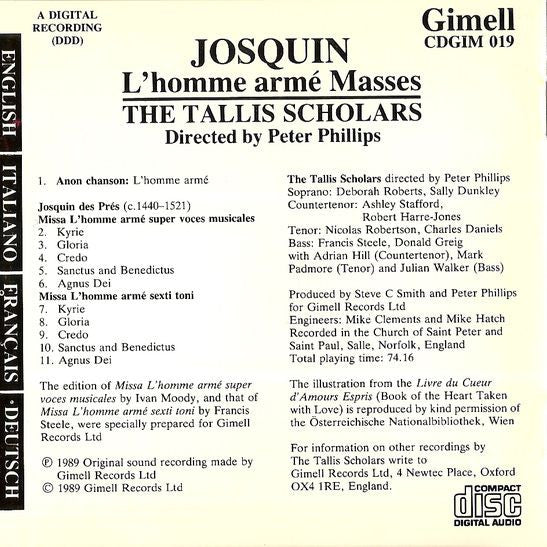 Josquin*, The Tallis Scholars, Peter Phillips (2) : L'Homme Armé Masses (CD, Album)