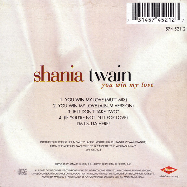 Shania Twain : You Win My Love (CD, Single, Car)