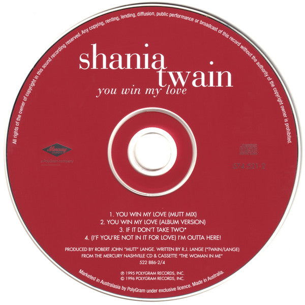 Shania Twain : You Win My Love (CD, Single, Car)
