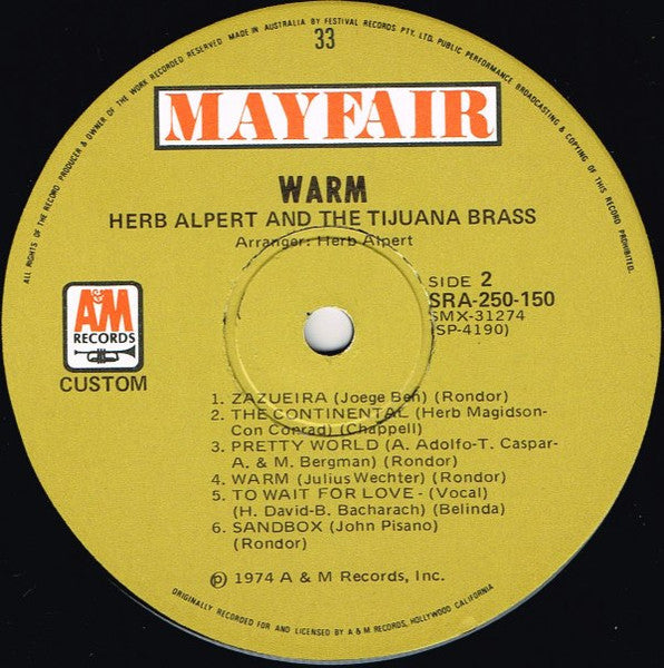 Herb Alpert & The Tijuana Brass : Warm (LP, Album, RE)