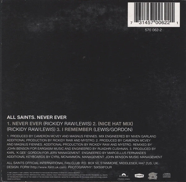 All Saints : Never Ever (CD, Single, Car)