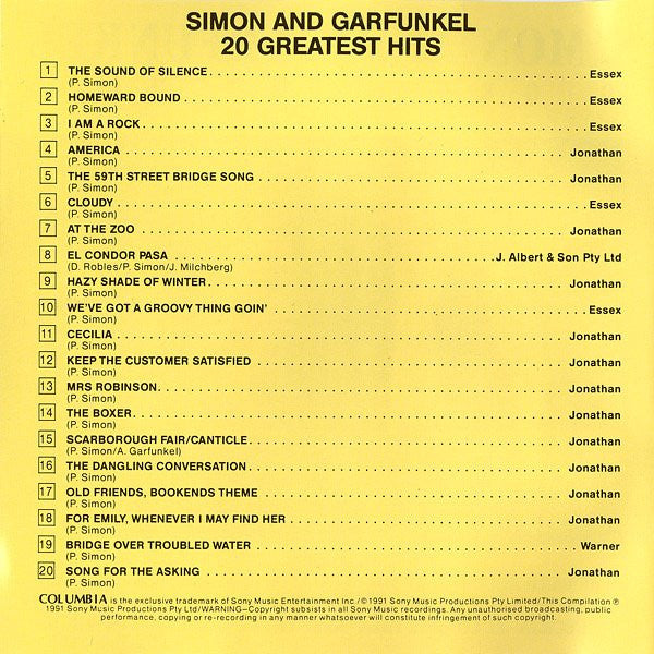 Simon And Garfunkel* : 20 Greatest Hits (CD, Comp)