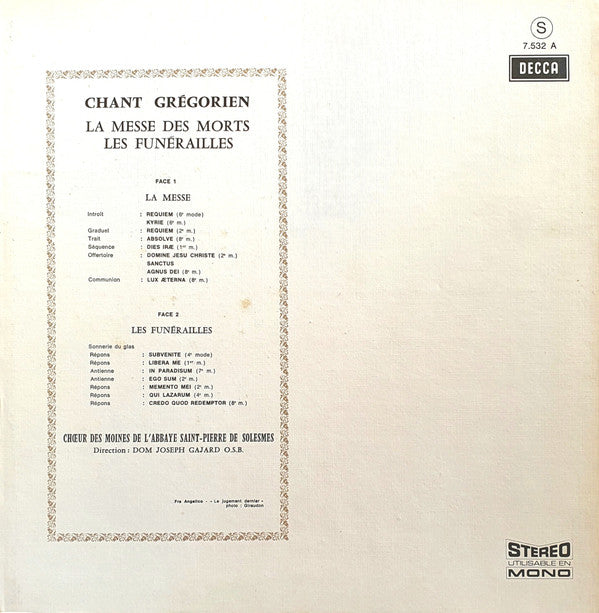 Chœur Des Moines De L'Abbaye Saint-Pierre De Solesmes, Dom Joseph Gajard O.S.B.* : Chant Grégorien - La Messe Des Morts - Les Funérailles (LP, Gat)