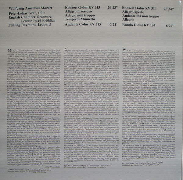 Wolfgang Amadeus Mozart, Peter-Lukas Graf, English Chamber Orchestra, Raymond Leppard : Flötenkonzerte  (LP, DMM)