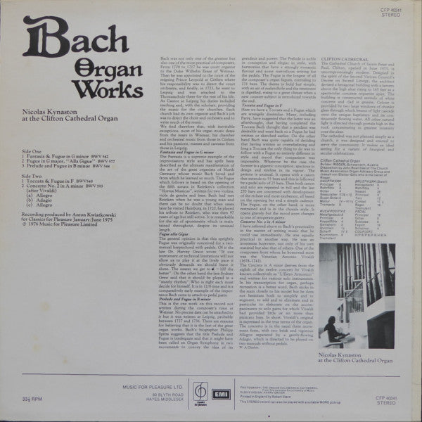 Johann Sebastian Bach - Nicolas Kynaston : Organ Works (Including Fantasia & Fugue In G Minor) (LP, Album)
