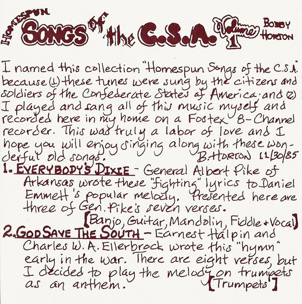 Bobby Horton : Homespun Songs Of The C.S.A., Volume 1 (CDr, Album, RE)