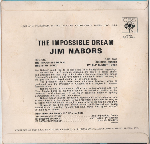 Jim Nabors : The Impossible Dream (7", EP, Mono)