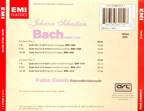 Pablo Casals, J. S. Bach* : 6 Suiten Für Violoncello = Les 6 Suites Pour Violoncelle = The 6 Cello Suites (2xCD, Comp, Mono, RE, RM)