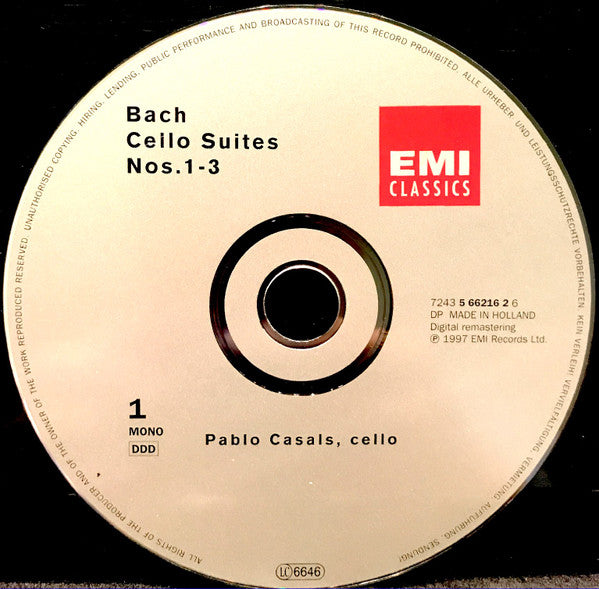 Pablo Casals, J. S. Bach* : 6 Suiten Für Violoncello = Les 6 Suites Pour Violoncelle = The 6 Cello Suites (2xCD, Comp, Mono, RE, RM)
