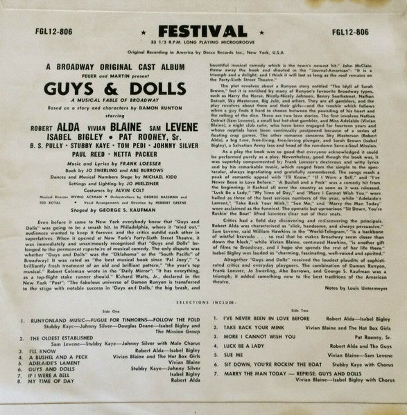 Feuer & Martin Present Robert Alda, Vivian Blaine, Sam Levene, "Guys & Dolls" Original Broadway Cast : Guys & Dolls: A Musical Fable Of Broadway (LP, Album, Mono)