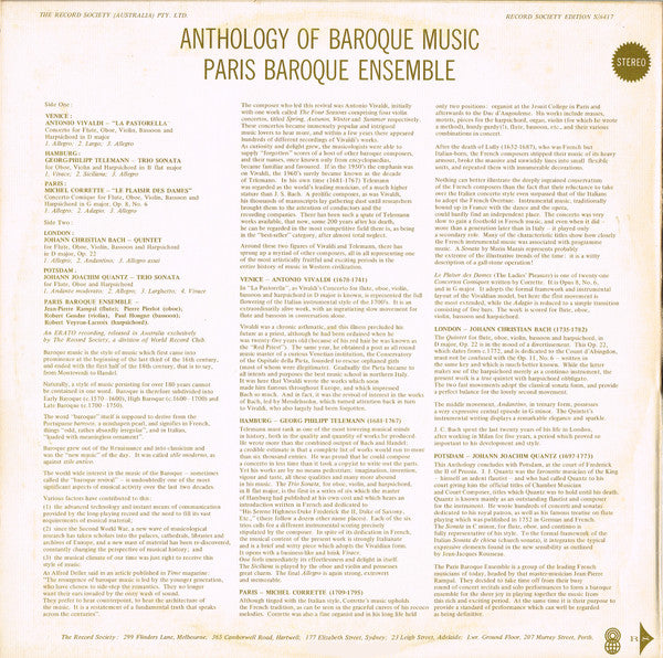 Paris Baroque Ensemble* : Anthology Of Baroque Music (LP, Album, Club)
