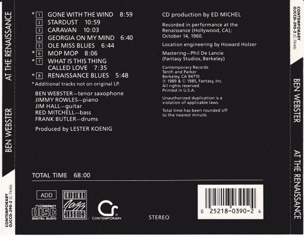 Ben Webster : At The Renaissance (CD, Album, RE)