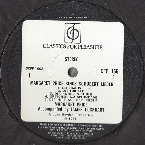 Margaret Price Sings Schubert* With James Lockhart, Jack Brymer : Margaret Price Sings Schubert Lieder (LP)