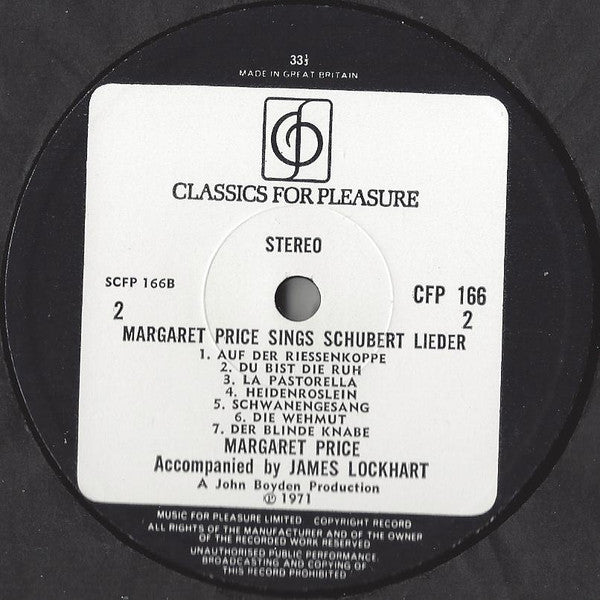 Margaret Price Sings Schubert* With James Lockhart, Jack Brymer : Margaret Price Sings Schubert Lieder (LP)