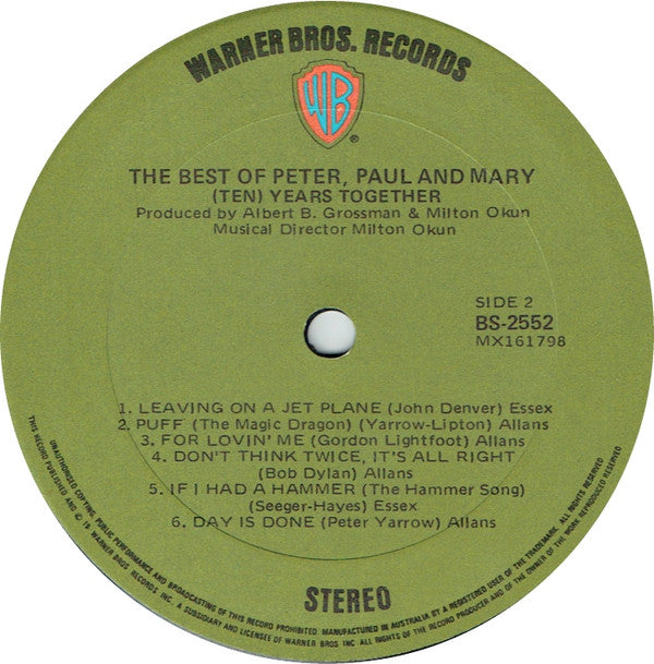 Peter, Paul & Mary : The Best Of Peter, Paul And Mary (Ten) Years Together (LP, Comp)