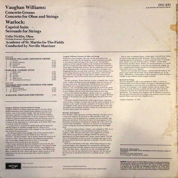 Vaughan Williams* / Warlock* - Academy Of St. Martin-in-the-Fields*, Neville Marriner* : Concerto Grosso - Concerto For Oboe And Strings / Capriol Suite - Serenade For Strings (LP, RP)