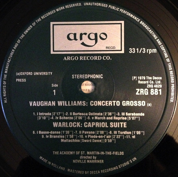 Vaughan Williams* / Warlock* - Academy Of St. Martin-in-the-Fields*, Neville Marriner* : Concerto Grosso - Concerto For Oboe And Strings / Capriol Suite - Serenade For Strings (LP, RP)