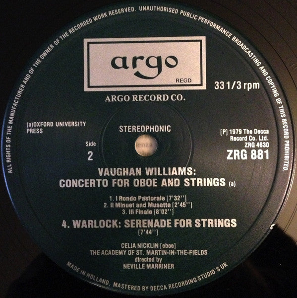 Vaughan Williams* / Warlock* - Academy Of St. Martin-in-the-Fields*, Neville Marriner* : Concerto Grosso - Concerto For Oboe And Strings / Capriol Suite - Serenade For Strings (LP, RP)