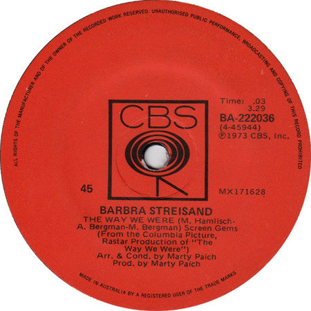 Barbra Streisand : The Way We Were (7", Single)