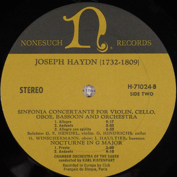 Franz Joseph Haydn*, Chamber Orchestra Of The Sarre* Conducted By Karl Ristenpart : Concerto For Organ And Orchestra In C Major / Sinfonia Concertante For Violin, Cello, Oboe, Bassoon And Orchestra / Nocturnes In C And G (LP)