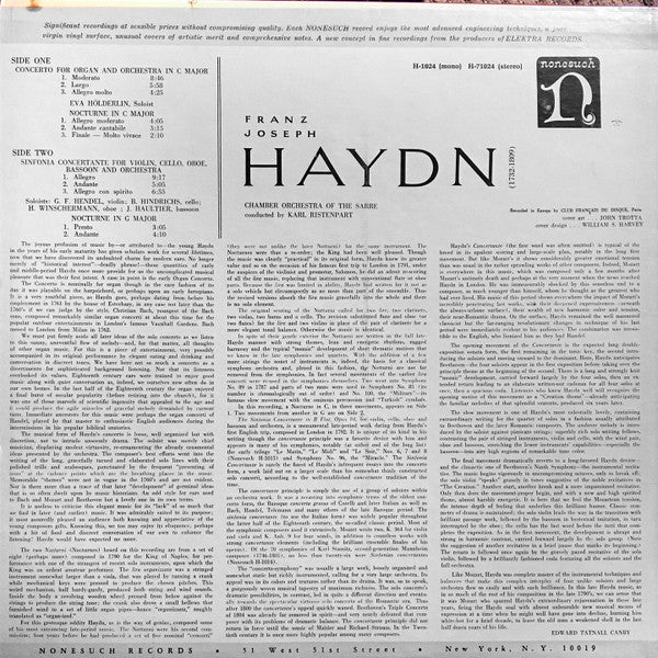 Franz Joseph Haydn*, Chamber Orchestra Of The Sarre* Conducted By Karl Ristenpart : Concerto For Organ And Orchestra In C Major / Sinfonia Concertante For Violin, Cello, Oboe, Bassoon And Orchestra / Nocturnes In C And G (LP)