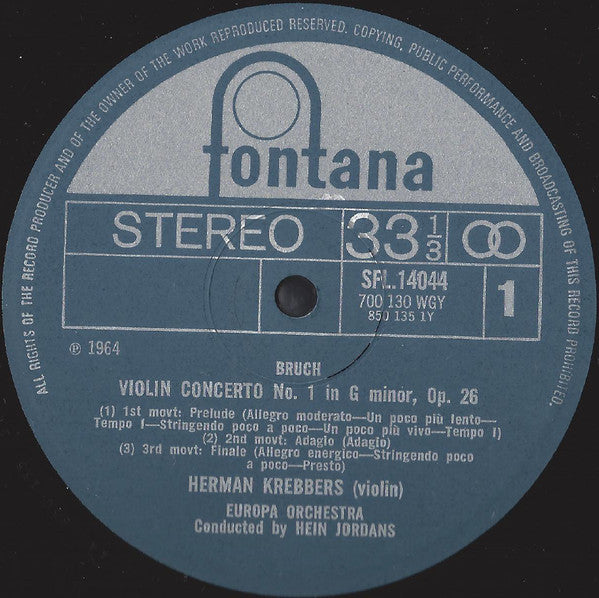 Bruch* / Beethoven*, Herman Krebbers, Europa Orchestra*, Hein Jordans / Igor Ozim, Zagreb Philharmonic*, Milan Horvat : Violin Concerto No.1 In G Minor, Op.26 / Violin Romance No.1 In G, Op.40 • Violin Romance No.2 In F, Op.50 (LP, RE)
