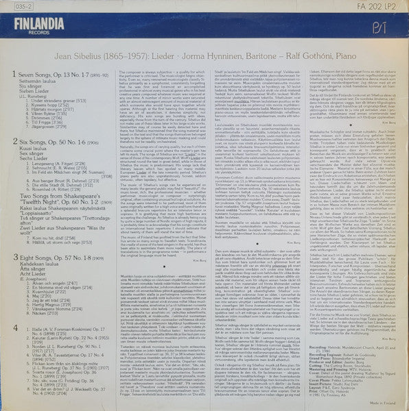 Jean Sibelius, Jorma Hynninen – Ralf Gothóni : Lieder (2xLP, Album)