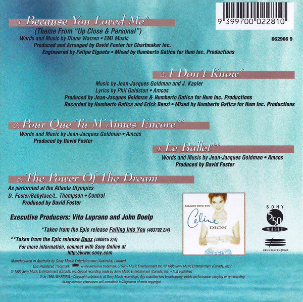 Celine Dion* : Because You Loved Me (Theme From "Up Close & Personal") / The Power Of The Dream (CD, Single, Car)
