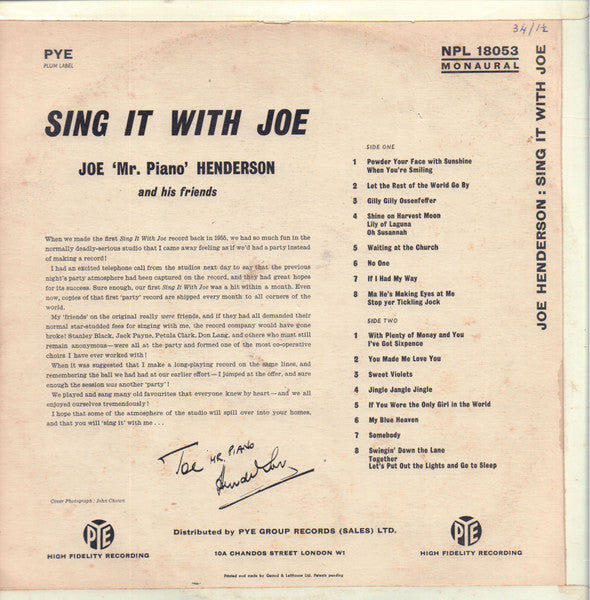 Joe 'Mr Piano' Henderson And His Friends : Sing It With Joe (LP, Mono)