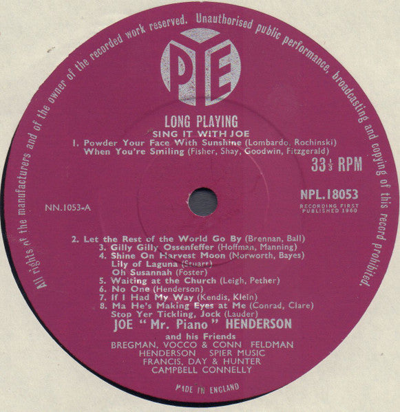 Joe 'Mr Piano' Henderson And His Friends : Sing It With Joe (LP, Mono)