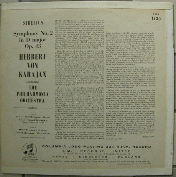 Sibelius*, Herbert von Karajan, Philharmonia* : Symphony No. 2 In D Major, Op. 43 (LP, Album, Mono)