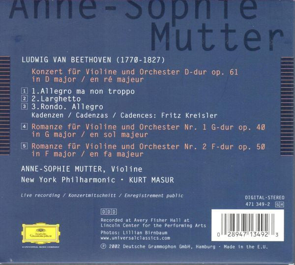 Beethoven* - Anne-Sophie Mutter, New York Philharmonic, Kurt Masur : Violin Concerto • Romances (CDi, Album, Dig)