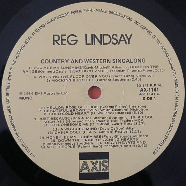 Reg Lindsay : Country And Western Singalong (LP, Album, Mono, RE)