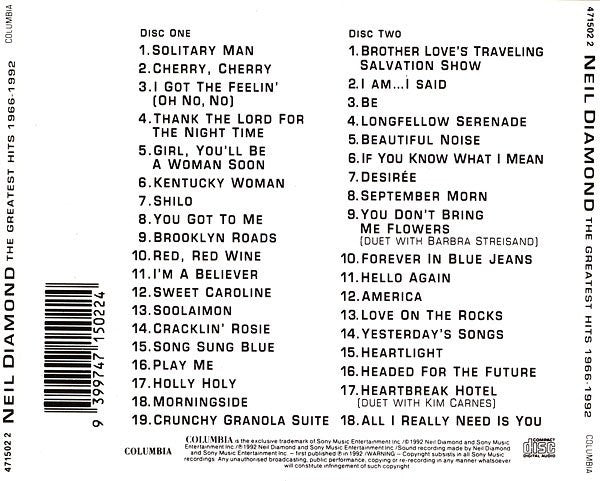 Neil Diamond : The Greatest Hits 1966-1992 (2xCD, Comp, RE)