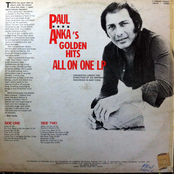 Paul Anka : Golden Hits (LP, Comp)