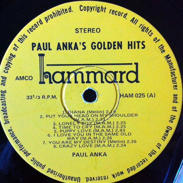 Paul Anka : Golden Hits (LP, Comp)