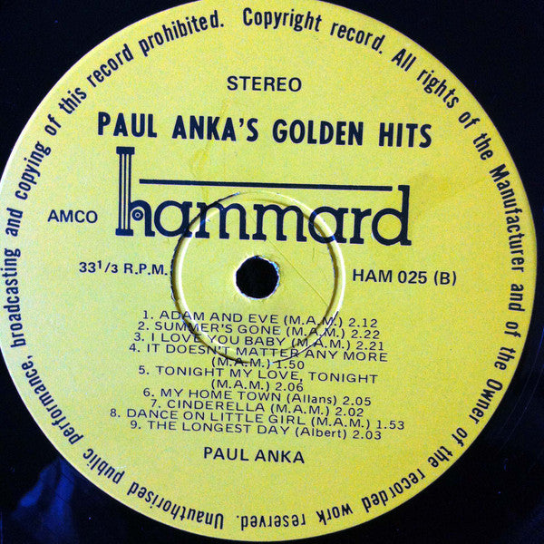 Paul Anka : Golden Hits (LP, Comp)