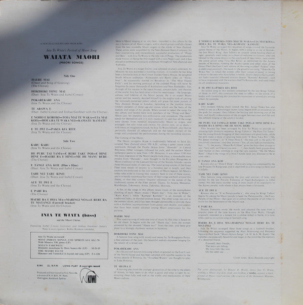 Inia Te Wiata And The Maori Chorus Of The New Zealand Opera Company : Inia Wiata's Festival Of Maori Song: Waiata Maori (LP)