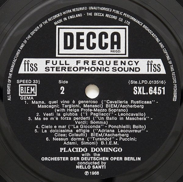 Placido Domingo : Arias From Italian Opera (LP)