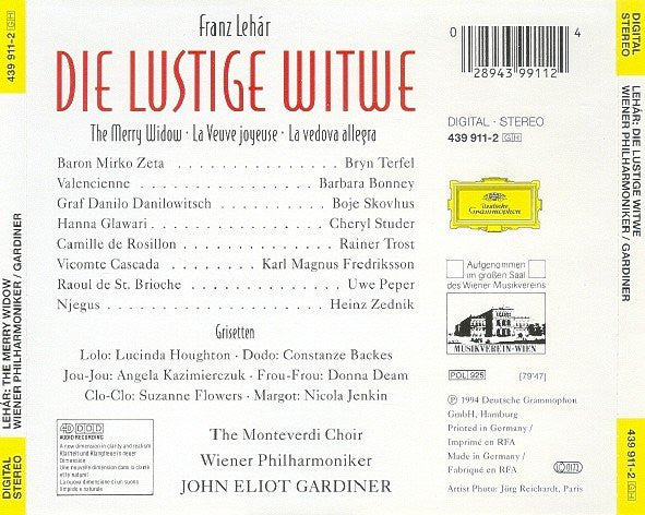 Franz Lehár - Cheryl Studer, Bo Skovhus, Barbara Bonney, Rainer Trost, Bryn Terfel, The Monteverdi Choir, Wiener Philharmoniker, John Eliot Gardiner : Die Lustige Witwe - The Merry Widow - La Veuve Joyeuse (CD, Album)