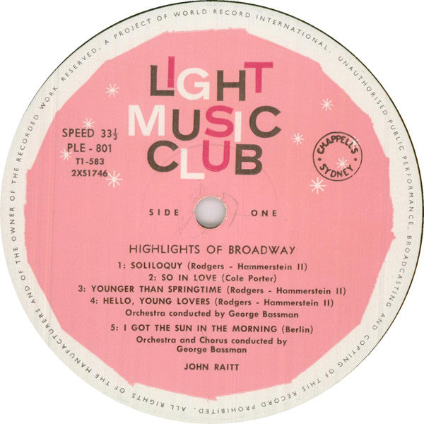John Raitt : Highlights Of Broadway (LP, Album, Mono, Club, 1st)
